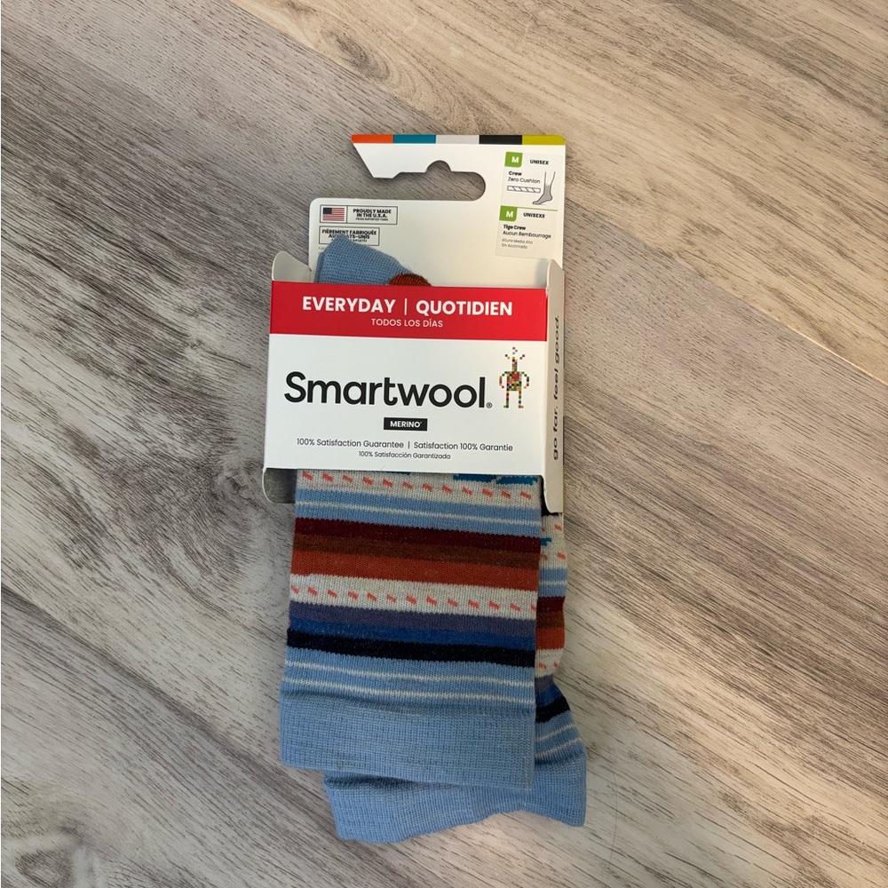 Smartwool Light Blue Striped Merino Crew Socks with Rust and Navy Accents